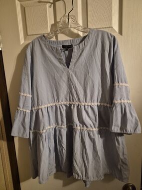 Vanilla Star Light Blue Striped Tiered Long-Sleeve Dress with Lace Trim